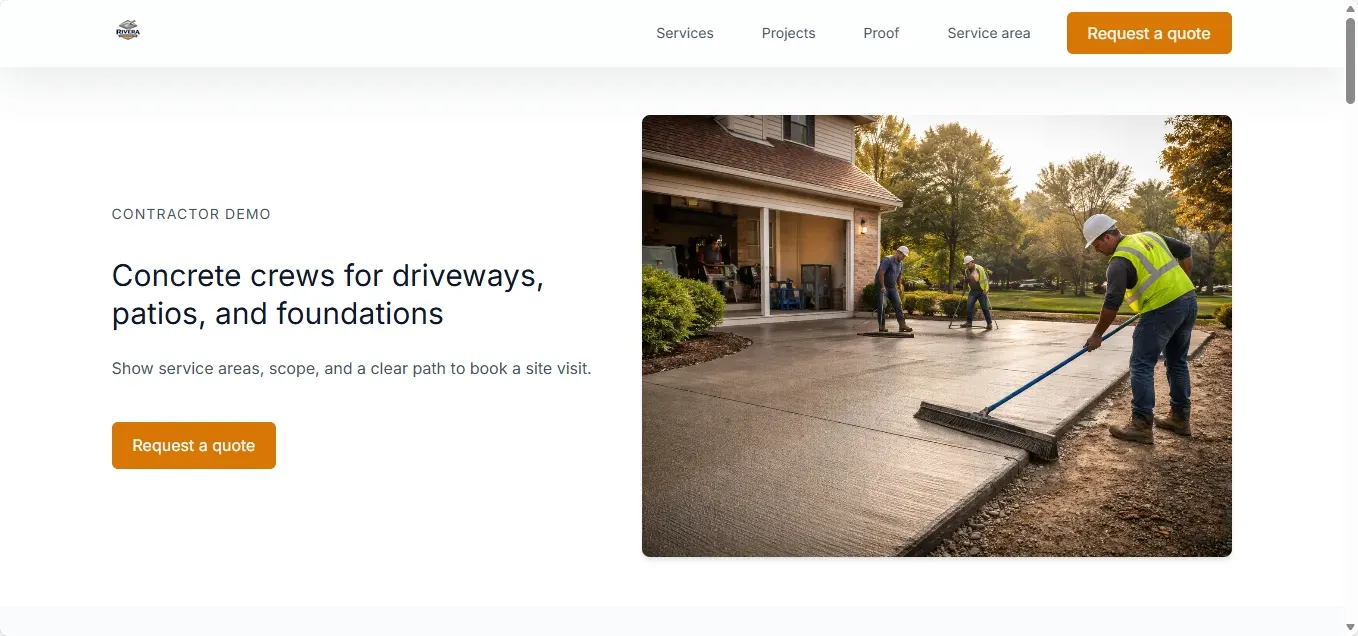Desktop screenshot of the contractor demo homepage