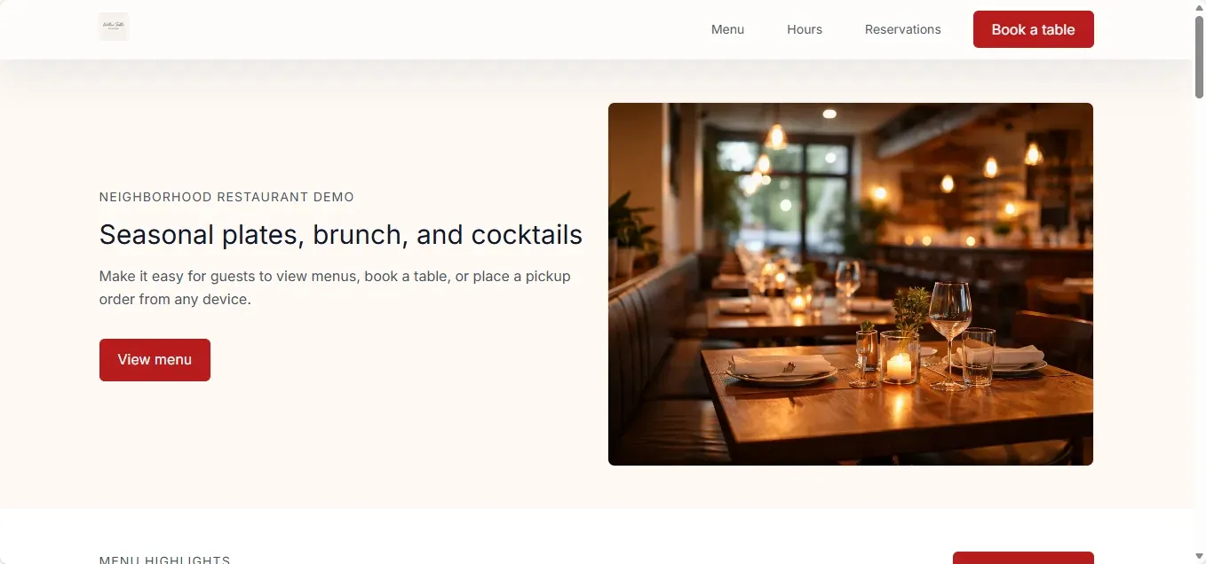 Desktop screenshot of the restaurant demo homepage
