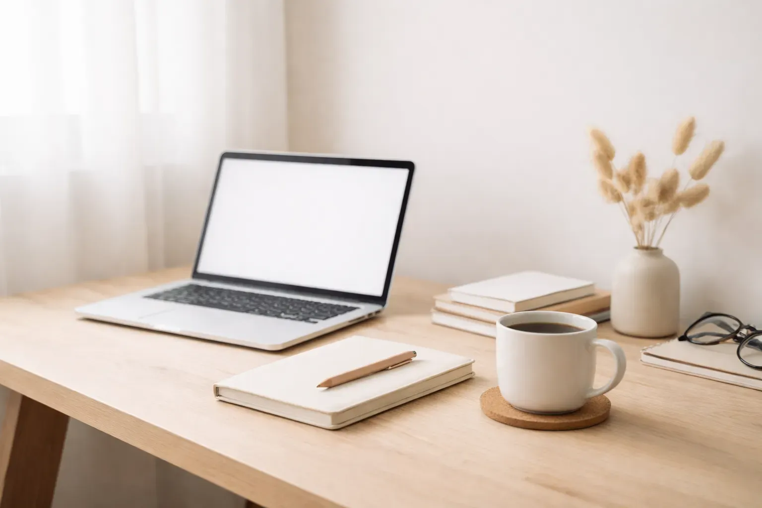 Calm workspace with a notebook, pen, and laptop ready for planning