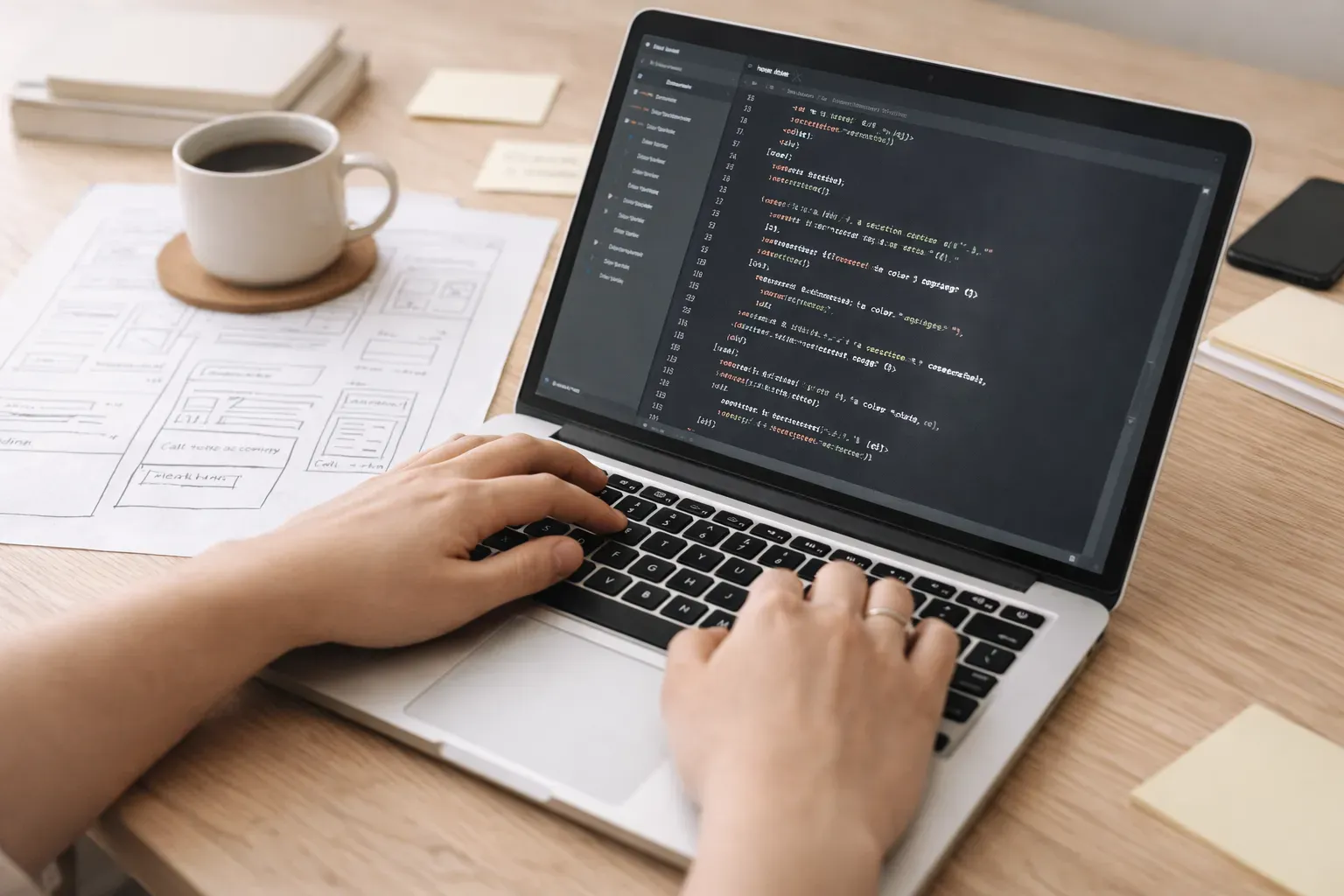 Developer workspace with code and design references
