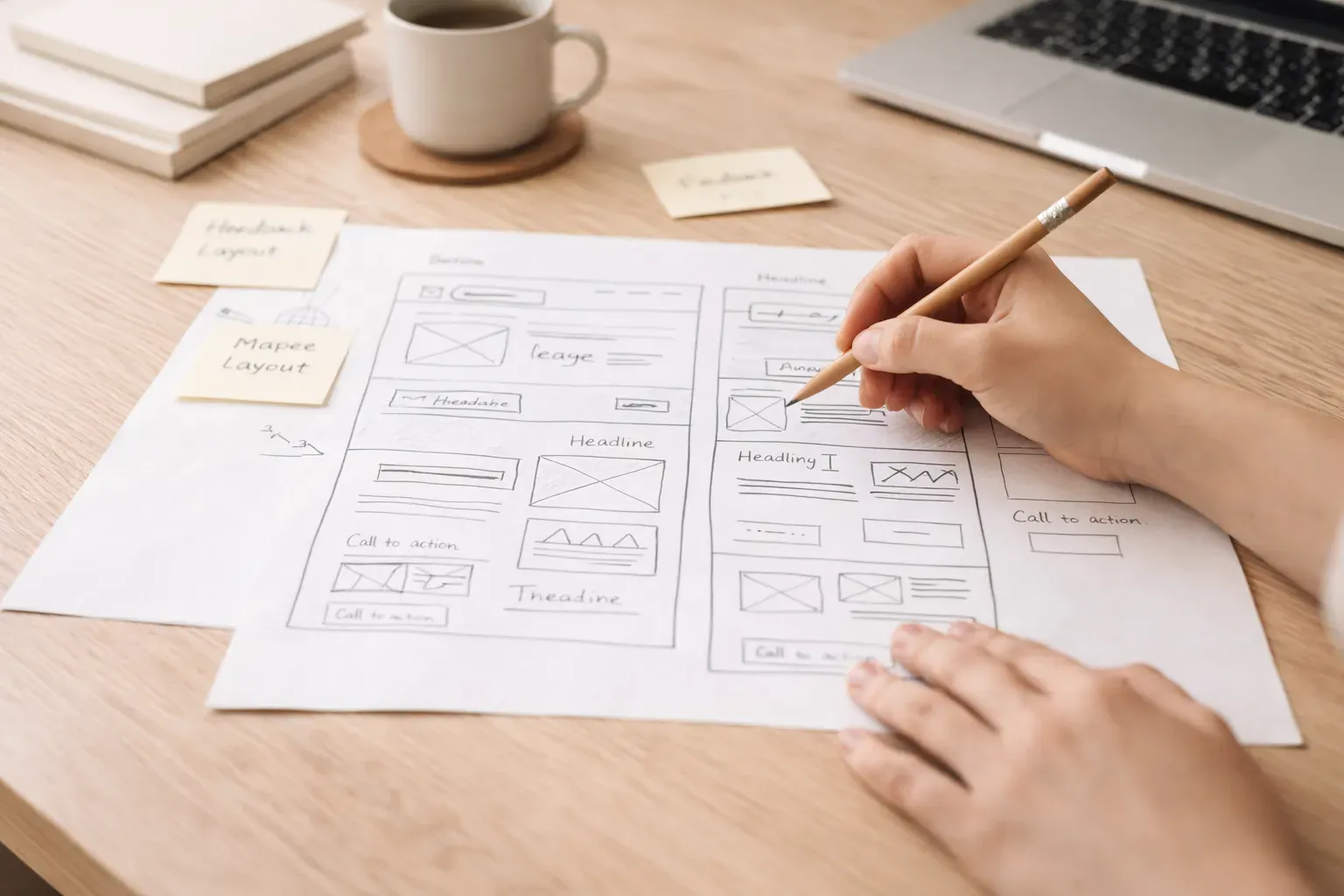 Wireframes and layout sketches arranged on a desk